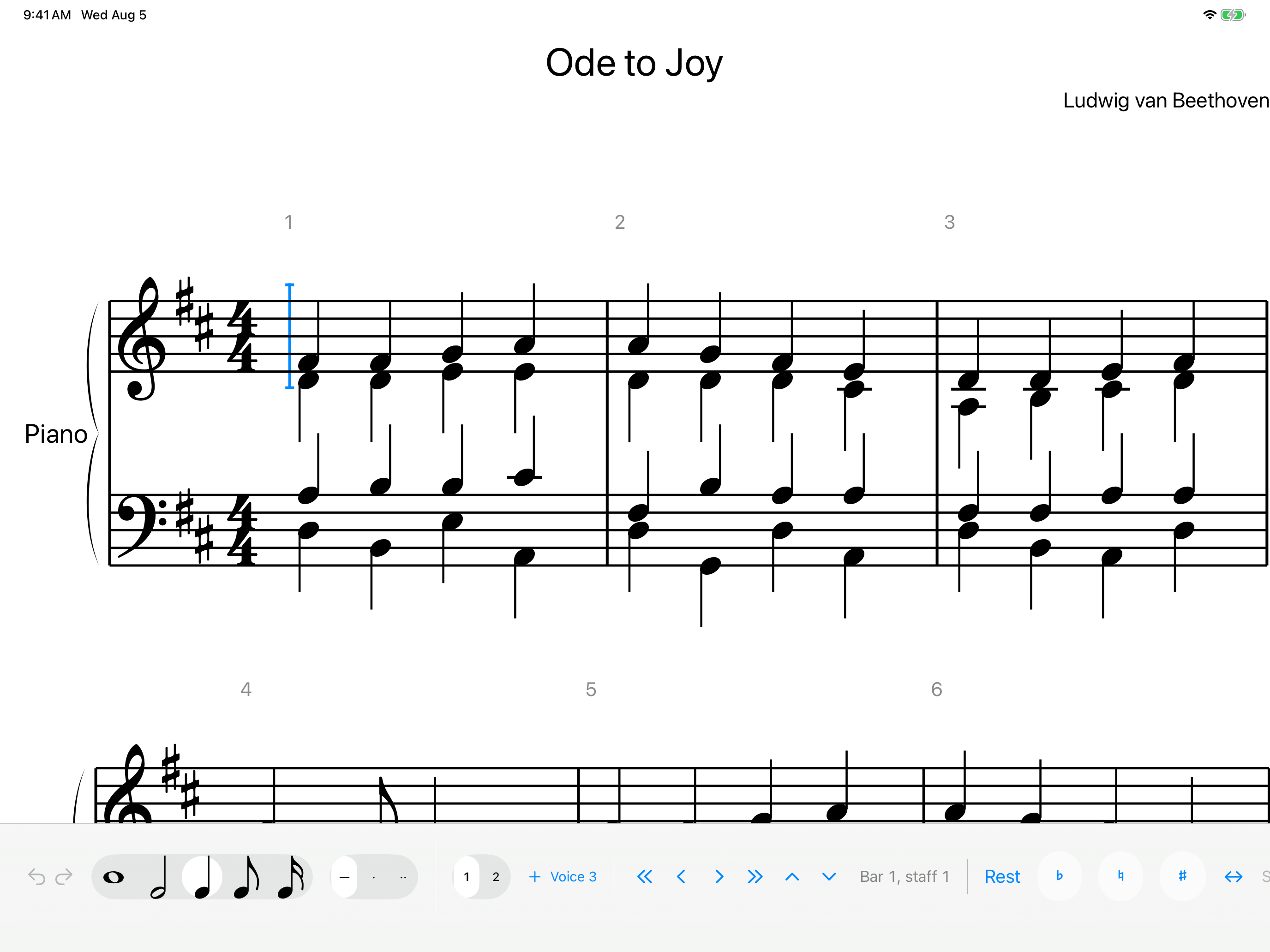 A piano grand staff of Ode to Joy, engraved, with the editing toolbar below.