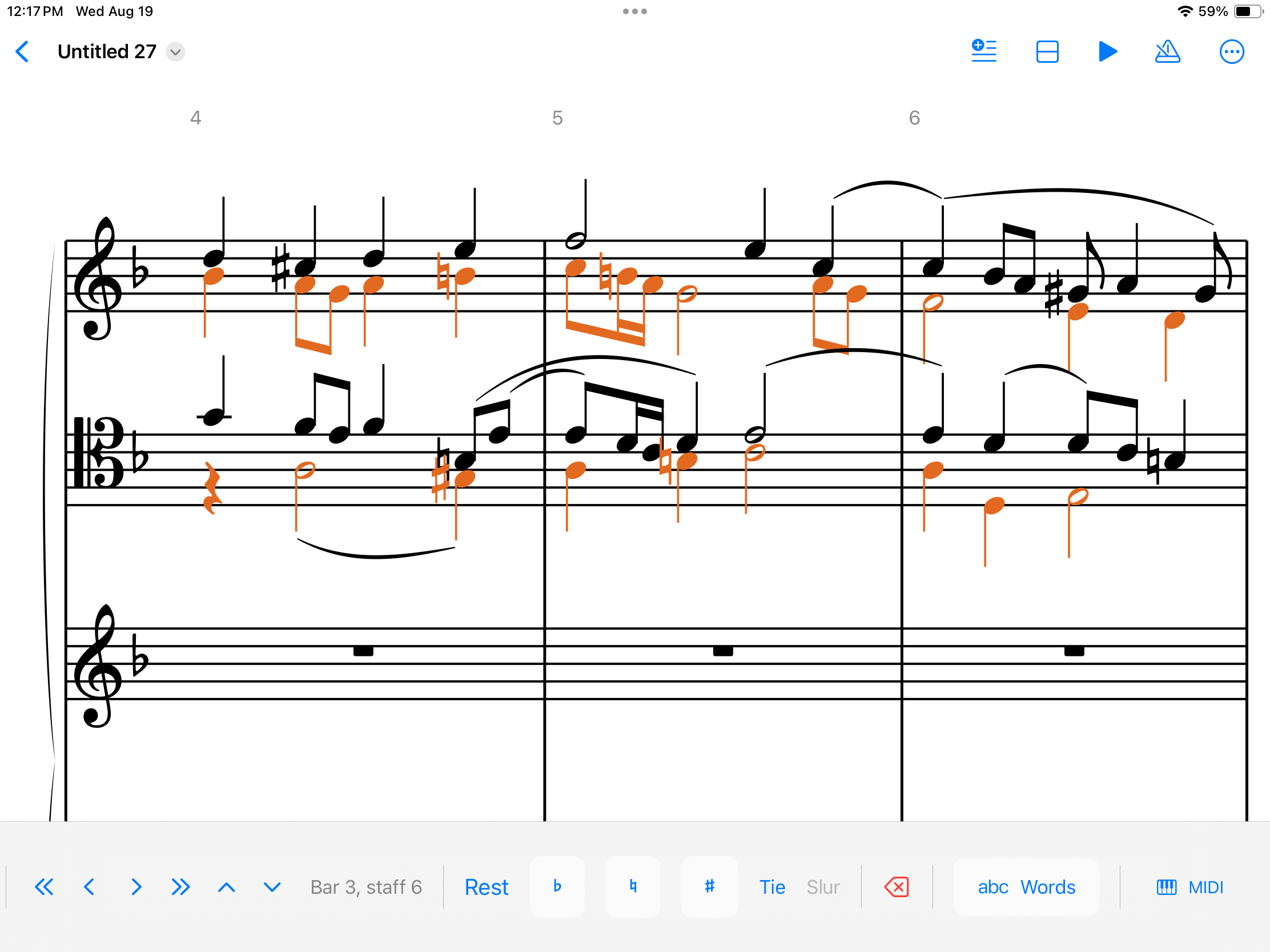 Two staves of piano music, engraved, with a second voice on each staff
                  drawn in orange — slurs, accidentals and beamed runs across three bars.