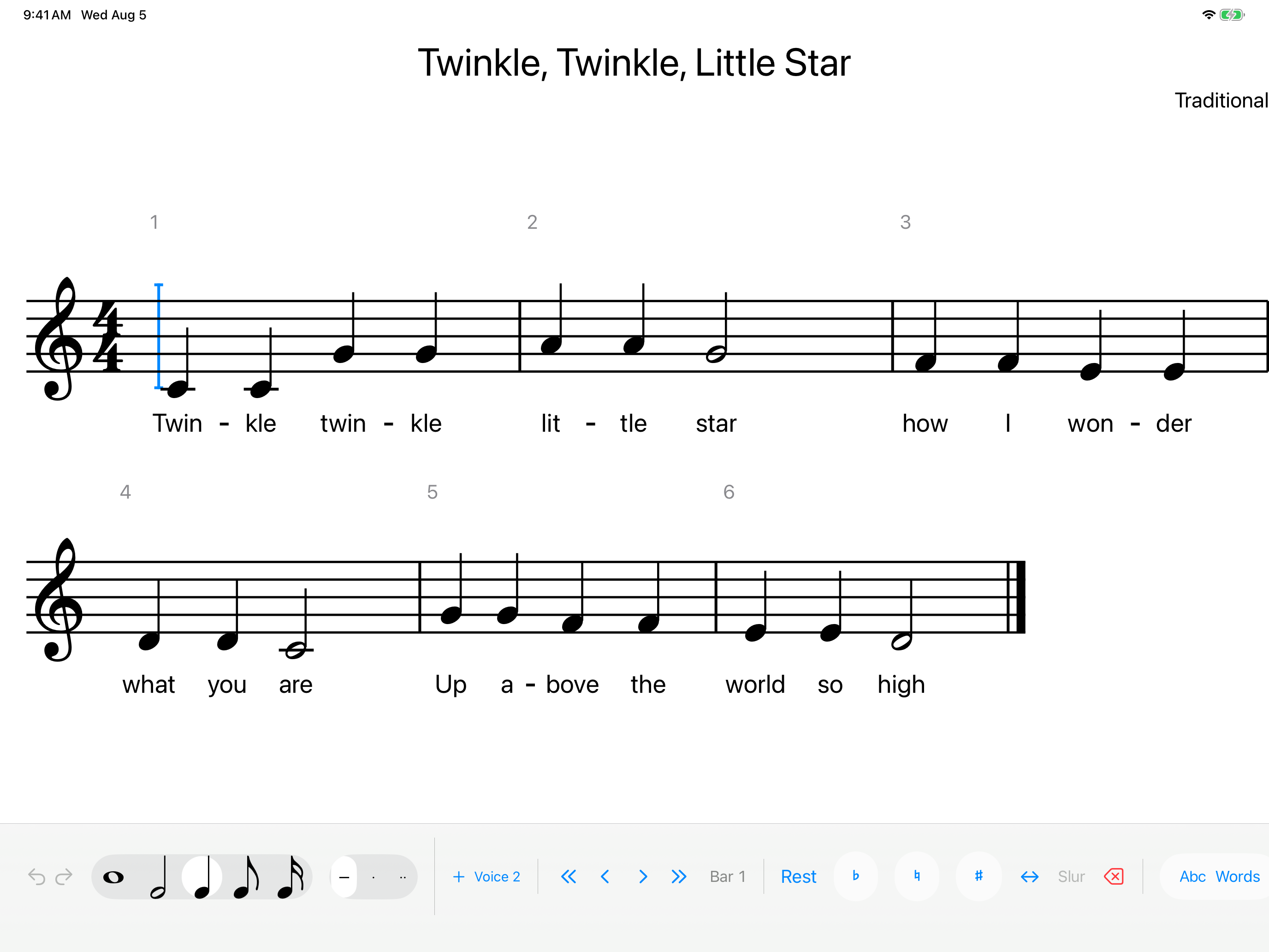 Twinkle Twinkle Little Star engraved on a single staff with lyrics.