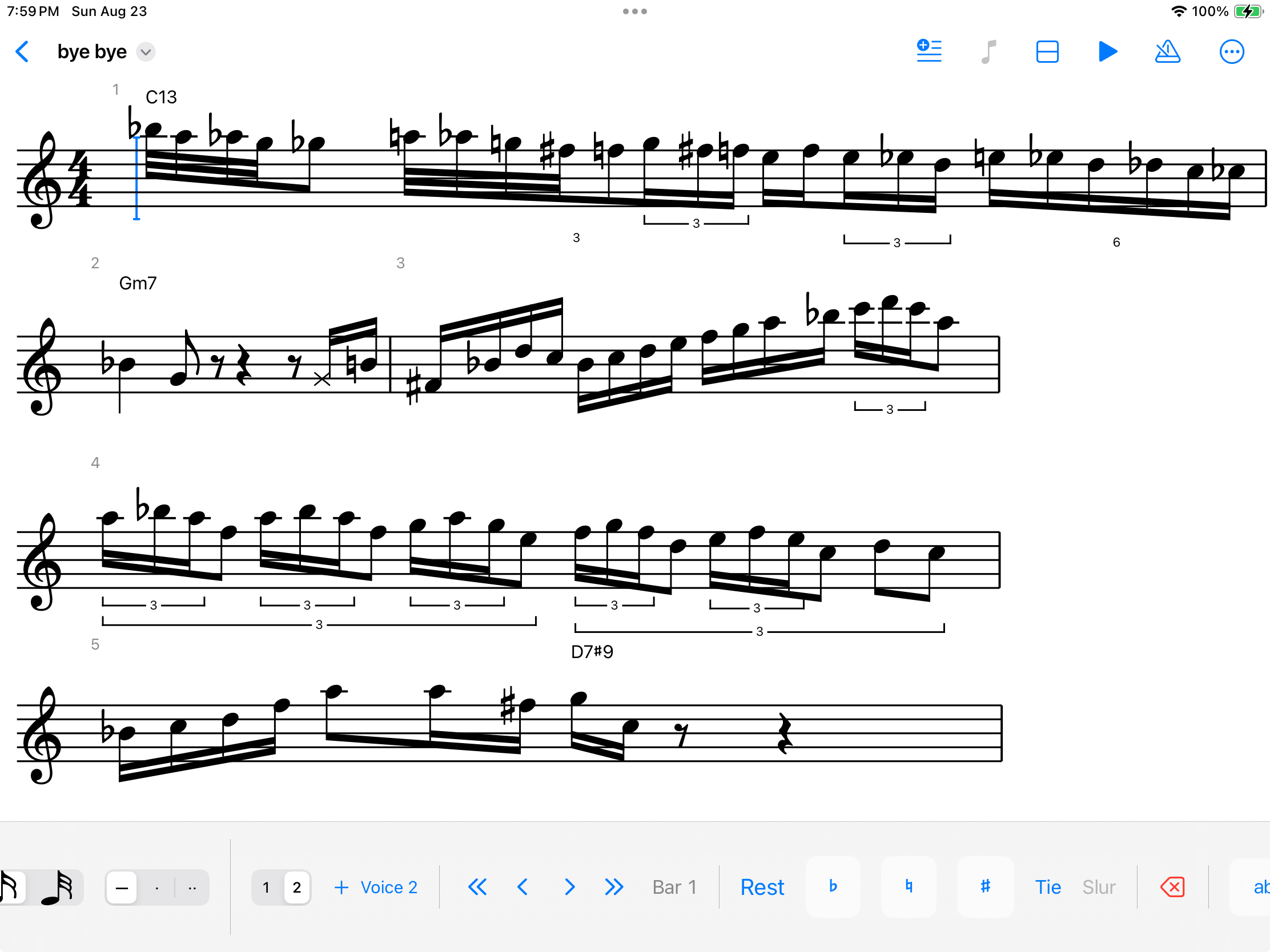 A written-out jazz solo on one staff, five bars of it: fast runs of
                  thirty-second notes carrying flats, sharps and naturals, tuplet
                  brackets nested inside one another — three triplets under one
                  longer triplet — a group of six, a cross notehead, and the chord
                  symbols C13, Gm7 and D7 sharp 9 above the staff.