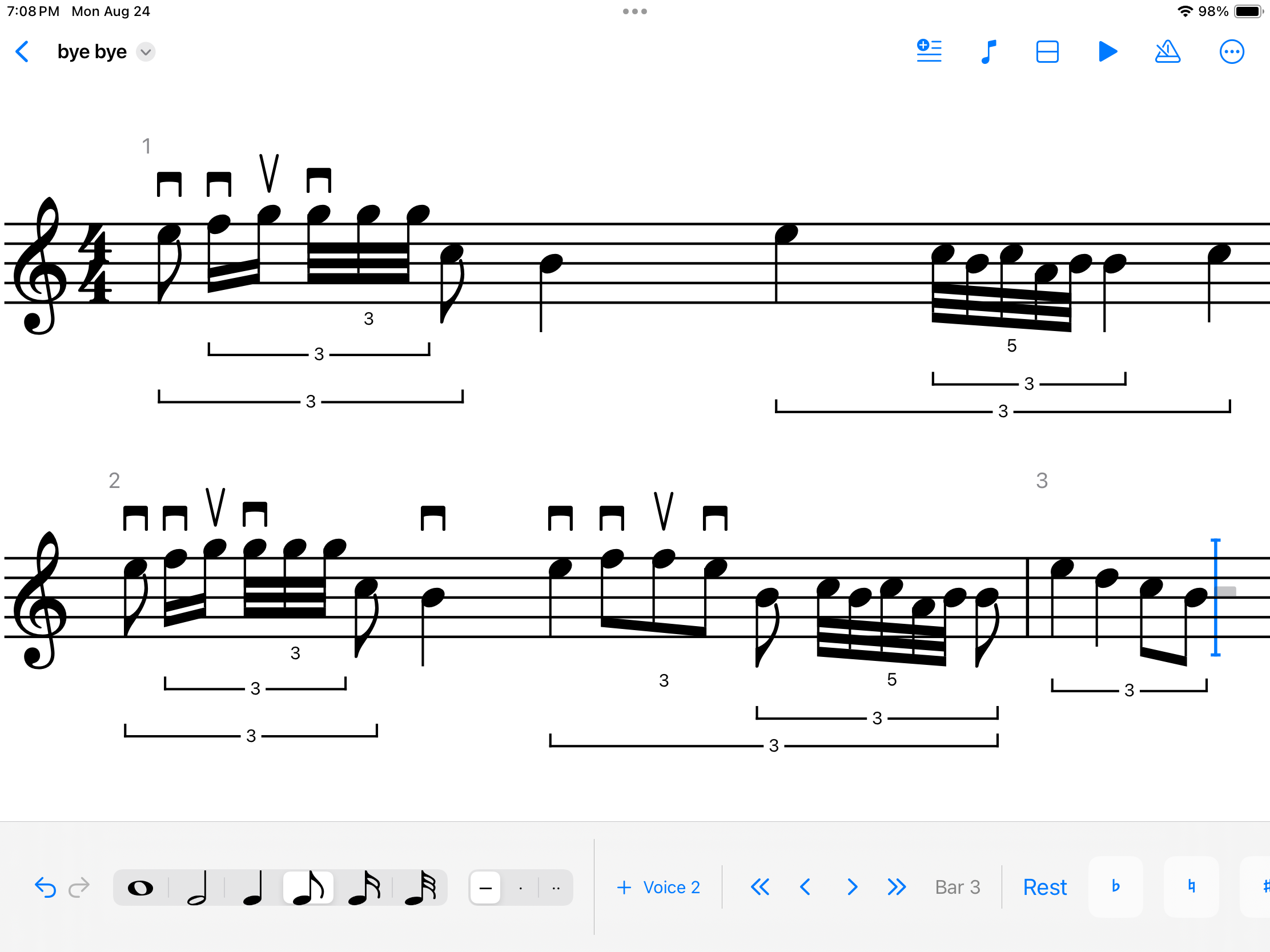 The iPad editor mid-write: two systems of violin music with down-bow
                  and up-bow marks, triplets nested inside triplets and a quintuplet
                  of thirty-seconds inside one of them, the blue insertion caret
                  standing in a half-written bar 3, and the duration, voice,
                  navigation and accidental controls along the bottom of the
                  screen.