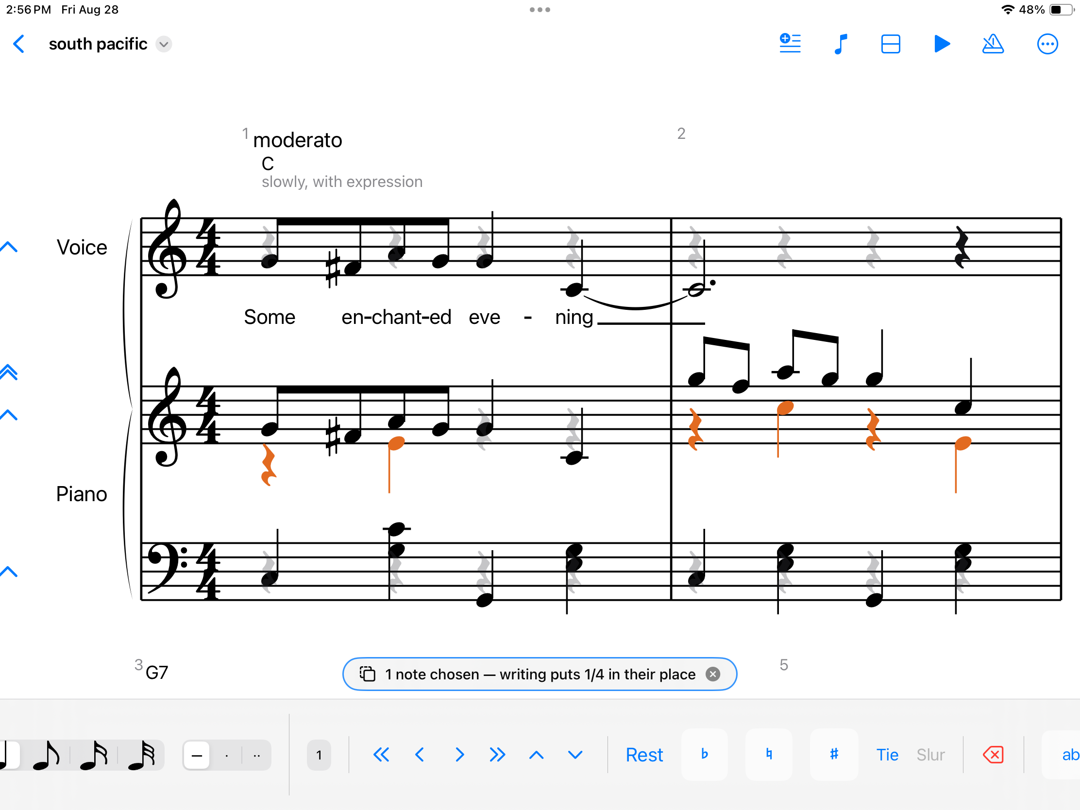 A song opening on three staves: a vocal line above a piano part
                  braced together, the words "Some en-chant-ed eve-ning"
                  under the voice with hyphens between the syllables and a line
                  carrying the held last note into the next bar, the chord symbols
                  C and G7 above, the tempo moderato and the instruction
                  "slowly, with expression" over the first bar, and a
                  second voice in the piano drawn in orange.
